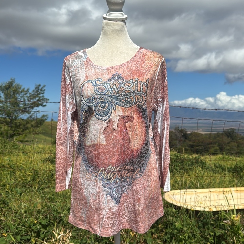 CActus Y2K Cowgirl American Original rhinestone Burn out top Rodeo Western